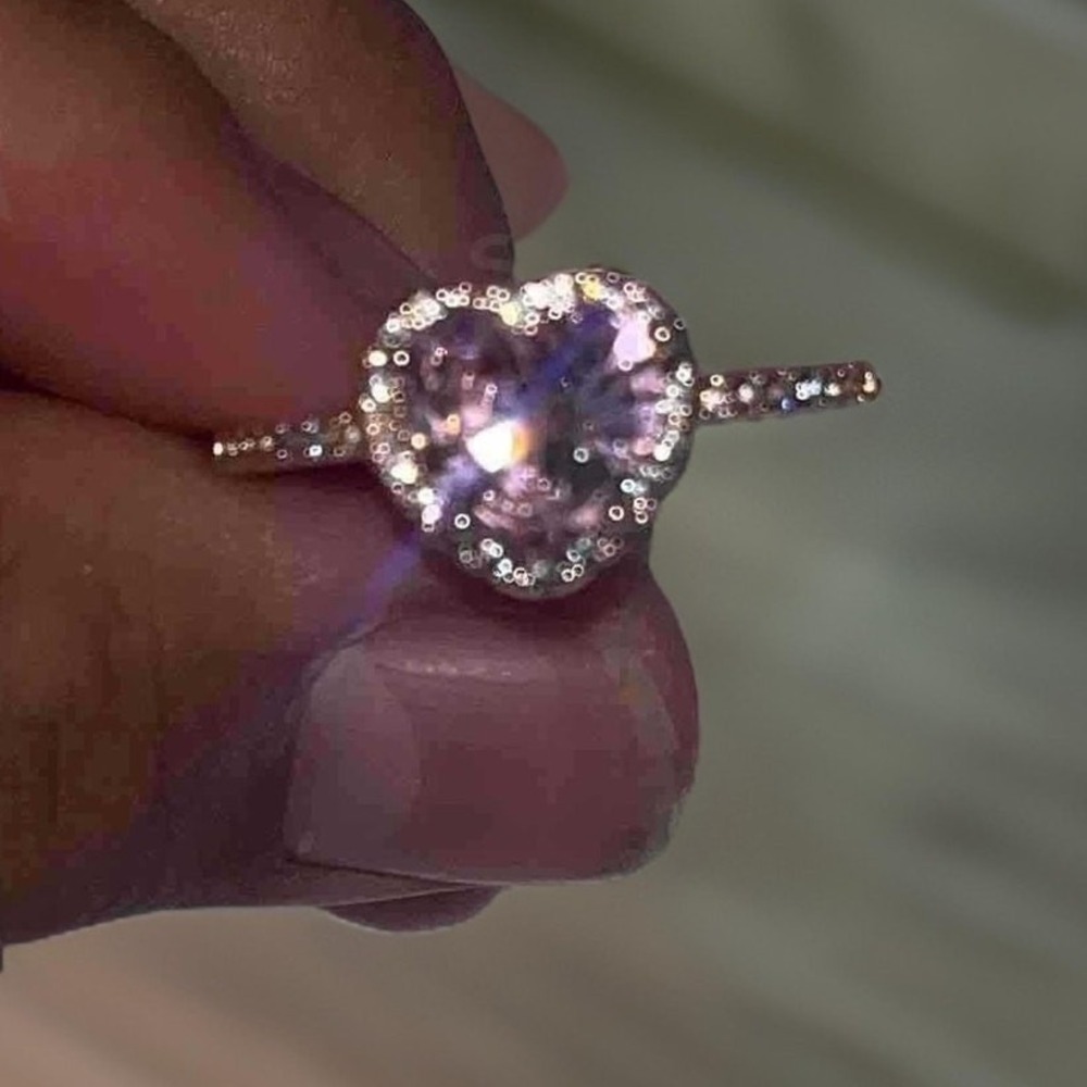 New Size 7 Pink Heart Shaped Ring Gold Clear White Cubic Zirconia Love - Picture 4 of 5